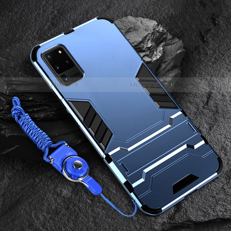 Funda Bumper Silicona y Plastico Mate Carcasa con Soporte R01 para Samsung Galaxy S20 Ultra Azul