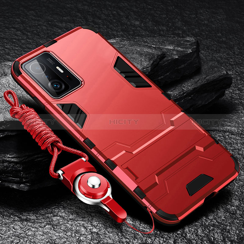 Funda Bumper Silicona y Plastico Mate Carcasa con Soporte R01 para Xiaomi Mi 11T Pro 5G Rojo
