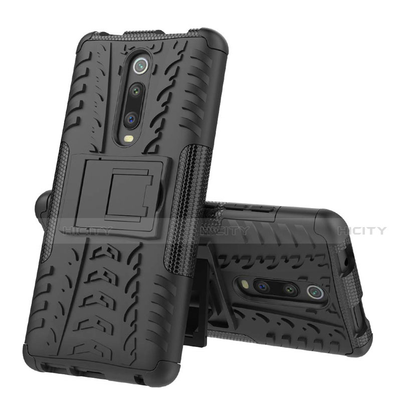 Funda Bumper Silicona y Plastico Mate Carcasa con Soporte R01 para Xiaomi Mi 9T Negro