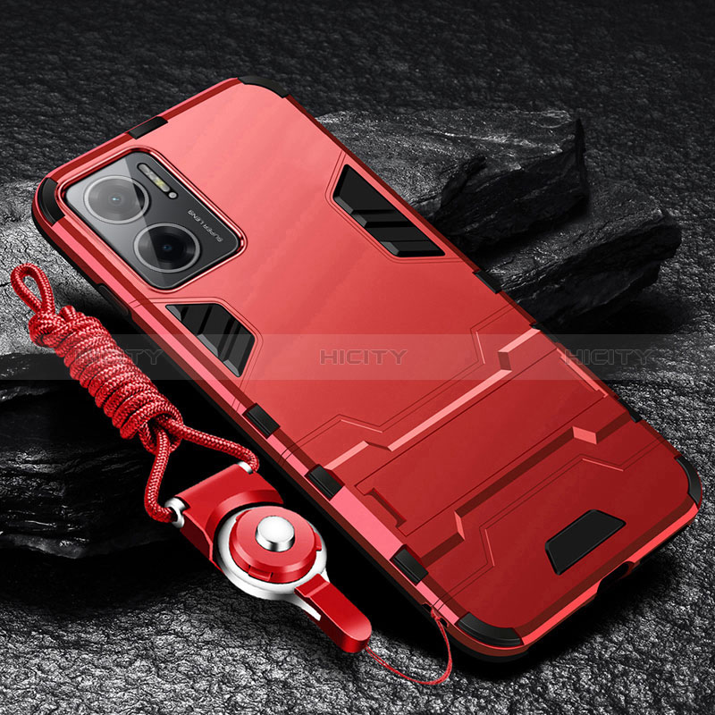 Funda Bumper Silicona y Plastico Mate Carcasa con Soporte R01 para Xiaomi Redmi 10 Prime Plus 5G Rojo