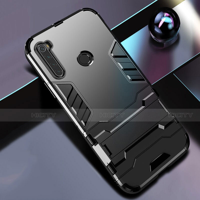 Funda Bumper Silicona y Plastico Mate Carcasa con Soporte R01 para Xiaomi Redmi Note 8 (2021) Negro
