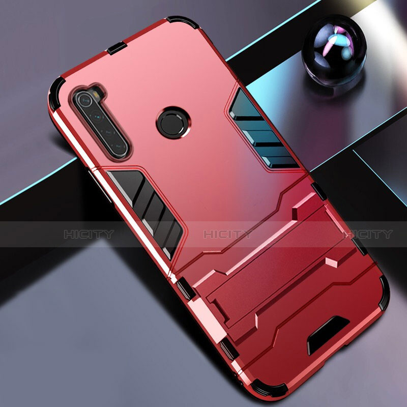 Funda Bumper Silicona y Plastico Mate Carcasa con Soporte R01 para Xiaomi Redmi Note 8 (2021) Rojo
