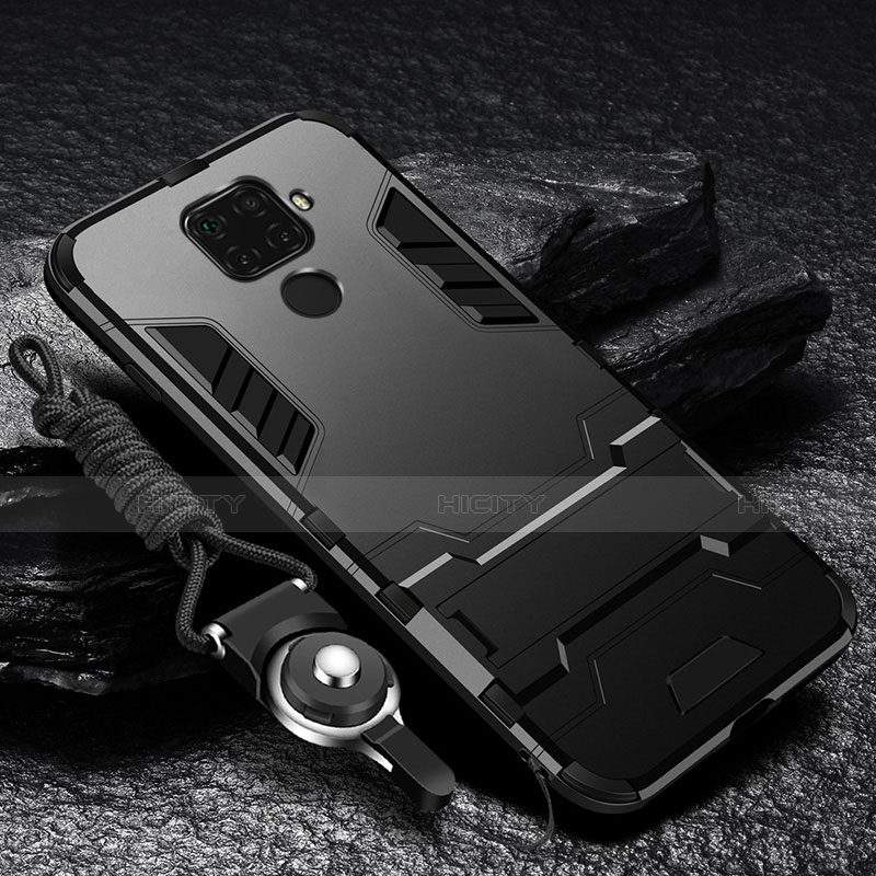 Funda Bumper Silicona y Plastico Mate Carcasa con Soporte R01 para Xiaomi Redmi Note 9 Negro