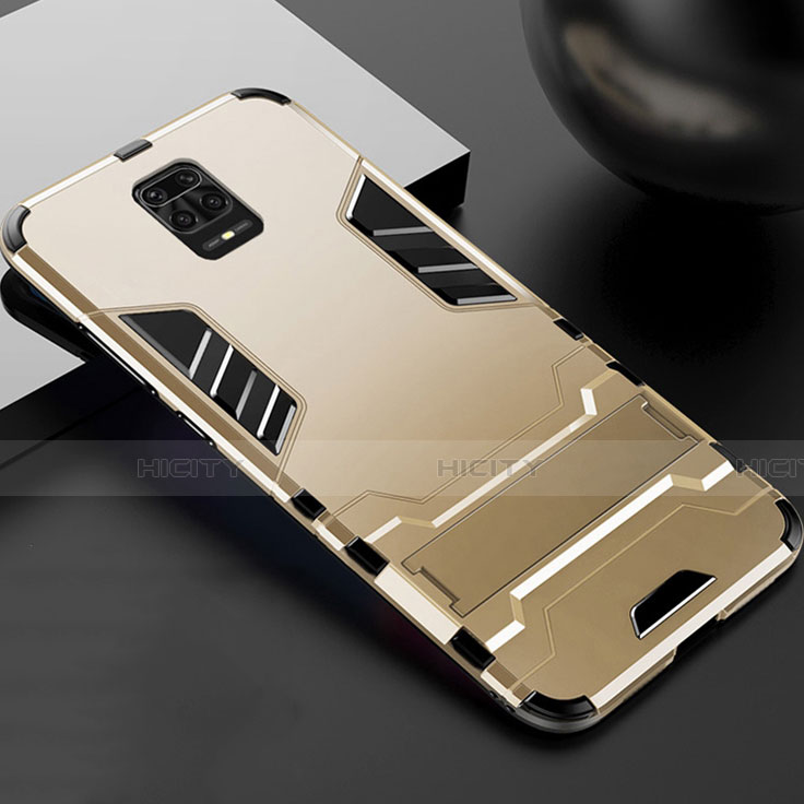 Funda Bumper Silicona y Plastico Mate Carcasa con Soporte R01 para Xiaomi Redmi Note 9 Pro Oro
