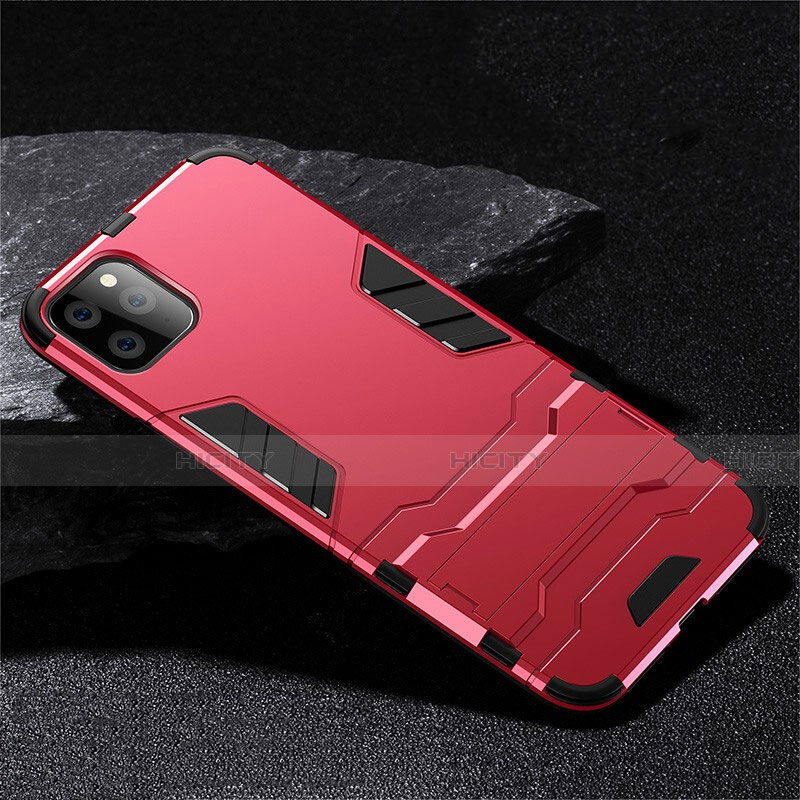 Funda Bumper Silicona y Plastico Mate Carcasa con Soporte R02 para Apple iPhone 11 Pro Rojo