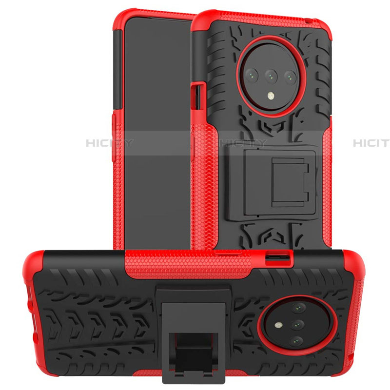 Funda Bumper Silicona y Plastico Mate Carcasa con Soporte R02 para OnePlus 7T Rojo