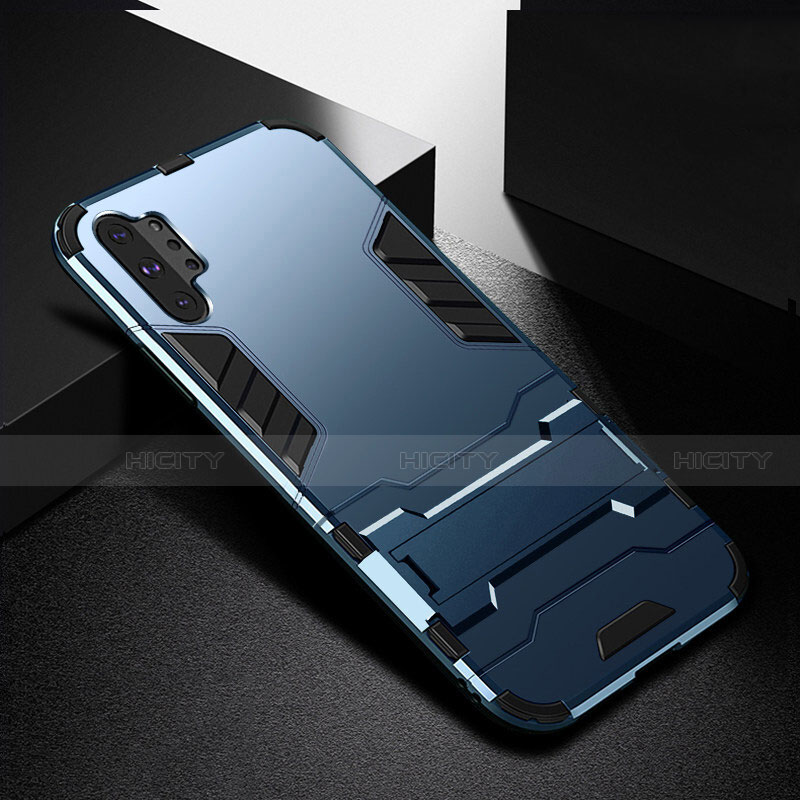 Funda Bumper Silicona y Plastico Mate Carcasa con Soporte R02 para Samsung Galaxy Note 10 Plus Azul