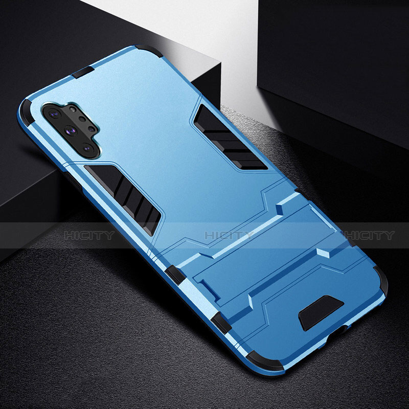 Funda Bumper Silicona y Plastico Mate Carcasa con Soporte R02 para Samsung Galaxy Note 10 Plus Azul Cielo