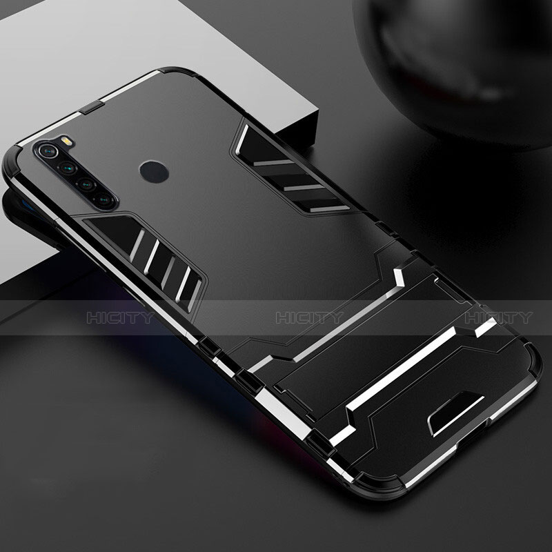 Funda Bumper Silicona y Plastico Mate Carcasa con Soporte R02 para Xiaomi Redmi Note 8 (2021) Negro