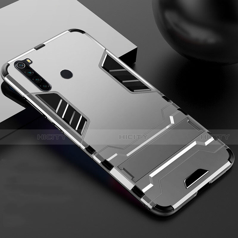 Funda Bumper Silicona y Plastico Mate Carcasa con Soporte R02 para Xiaomi Redmi Note 8T Plata