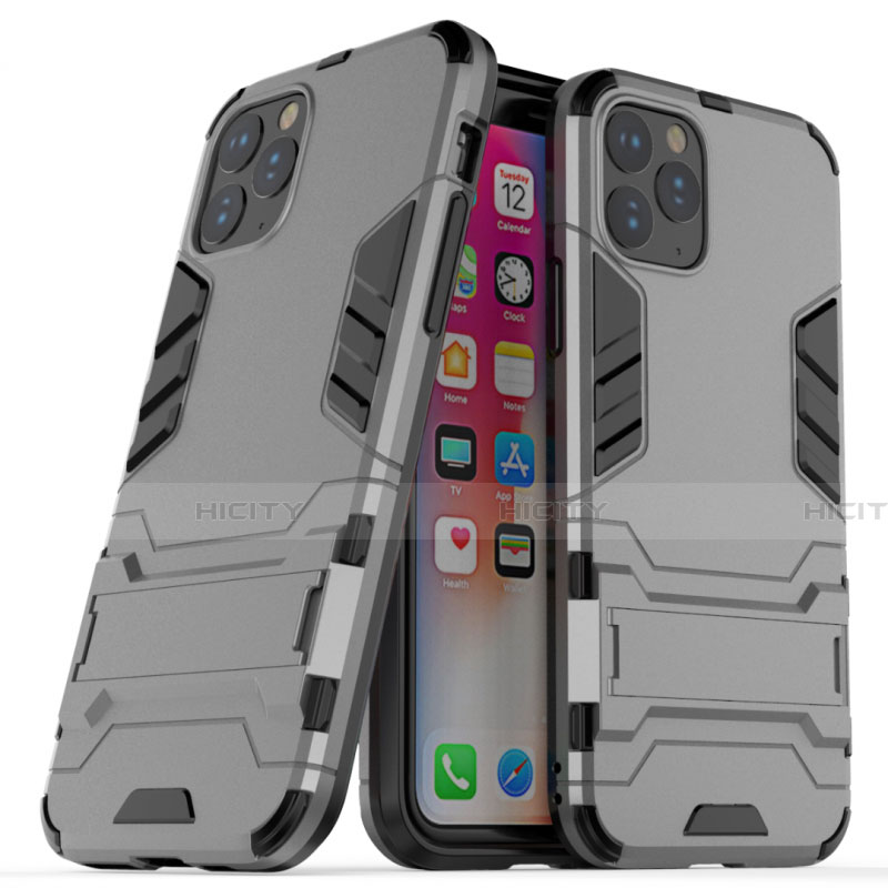 Funda Bumper Silicona y Plastico Mate Carcasa con Soporte R03 para Apple iPhone 11 Pro Gris