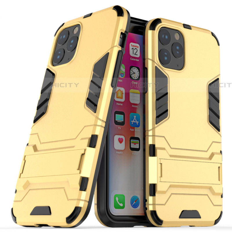 Funda Bumper Silicona y Plastico Mate Carcasa con Soporte R03 para Apple iPhone 11 Pro Max Oro