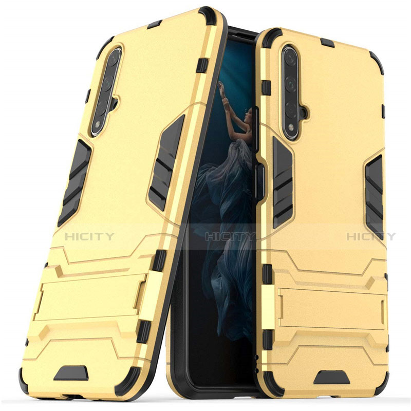 Funda Bumper Silicona y Plastico Mate Carcasa con Soporte R03 para Huawei Honor 20 Oro