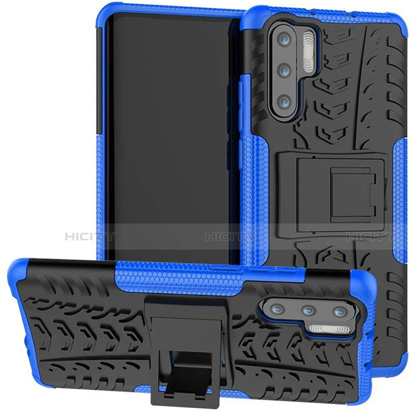 Funda Bumper Silicona y Plastico Mate Carcasa con Soporte R03 para Huawei P30 Pro Azul