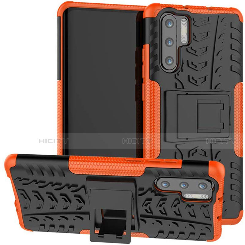 Funda Bumper Silicona y Plastico Mate Carcasa con Soporte R03 para Huawei P30 Pro Naranja