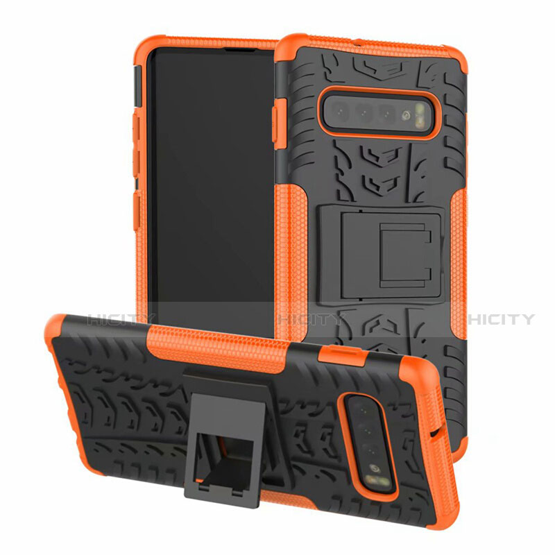 Funda Bumper Silicona y Plastico Mate Carcasa con Soporte R03 para Samsung Galaxy S10 Naranja