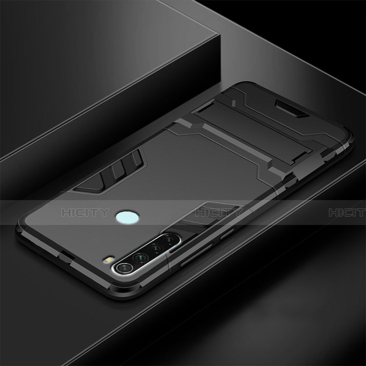 Funda Bumper Silicona y Plastico Mate Carcasa con Soporte R03 para Xiaomi Redmi Note 8 (2021) Negro