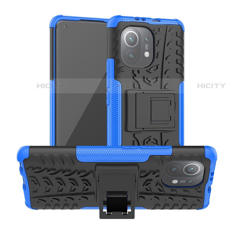 Funda Bumper Silicona y Plastico Mate Carcasa con Soporte R06 para Xiaomi Mi 11 5G Azul