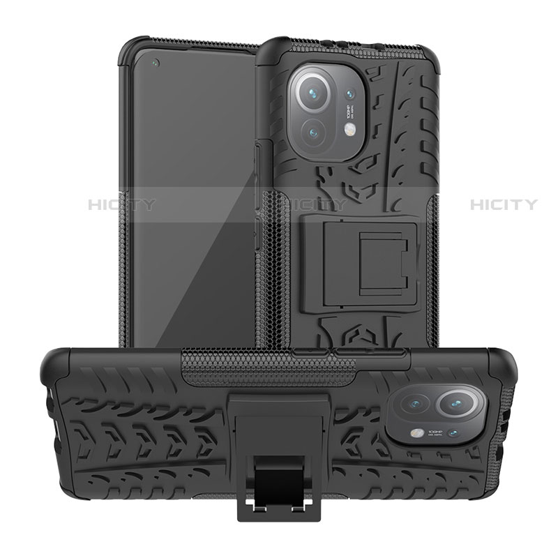 Funda Bumper Silicona y Plastico Mate Carcasa con Soporte R06 para Xiaomi Mi 11 5G Negro