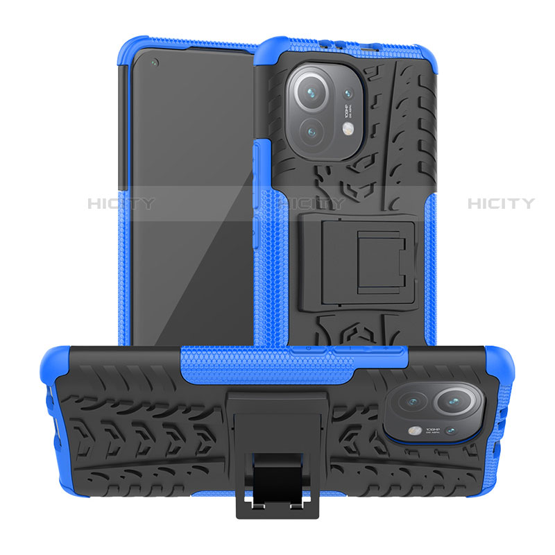 Funda Bumper Silicona y Plastico Mate Carcasa con Soporte R06 para Xiaomi Mi 11 Lite 5G Azul