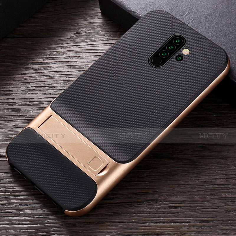 Funda Bumper Silicona y Plastico Mate Carcasa con Soporte R06 para Xiaomi Redmi Note 8 Pro Oro