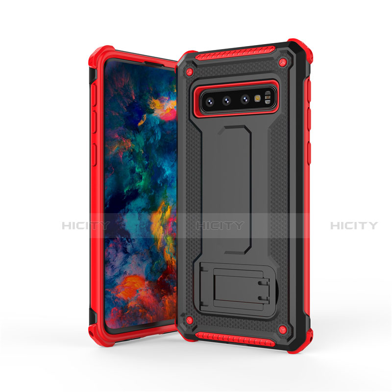 Funda Bumper Silicona y Plastico Mate Carcasa con Soporte T01 para Samsung Galaxy S10 5G Rojo y Negro