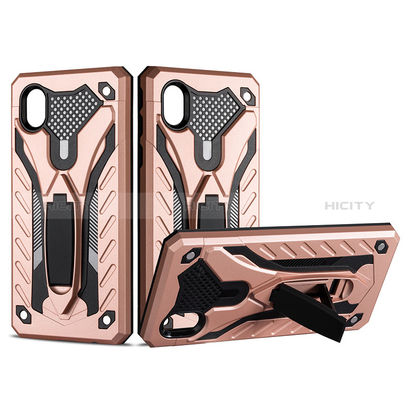 Funda Bumper Silicona y Plastico Mate Carcasa con Soporte YF2 para Samsung Galaxy A01 Core Oro Rosa