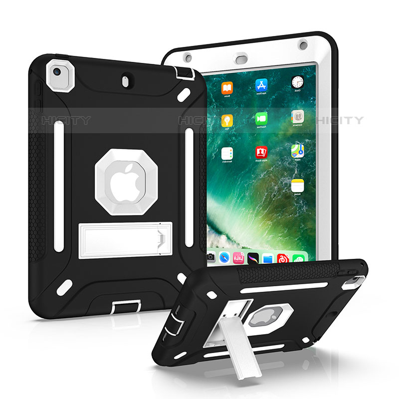Funda Bumper Silicona y Plastico Mate Carcasa con Soporte YJ1 para Apple iPad Mini 4 Plata y Negro