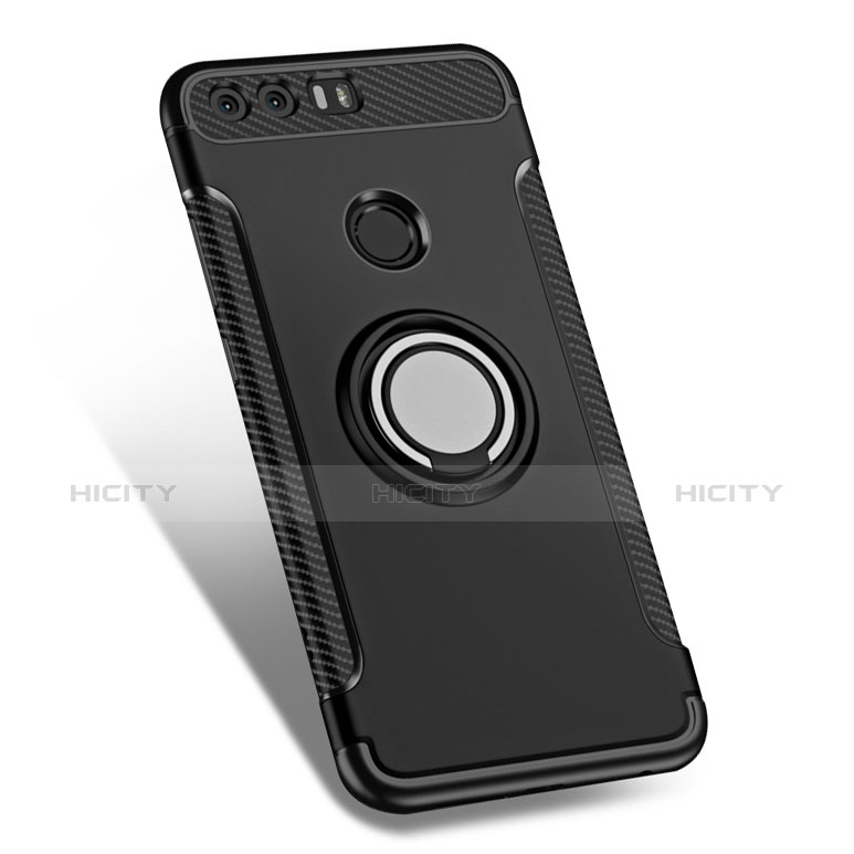 Funda Bumper Silicona y Plastico Mate con Anillo de dedo Soporte para Huawei Honor 8 Negro