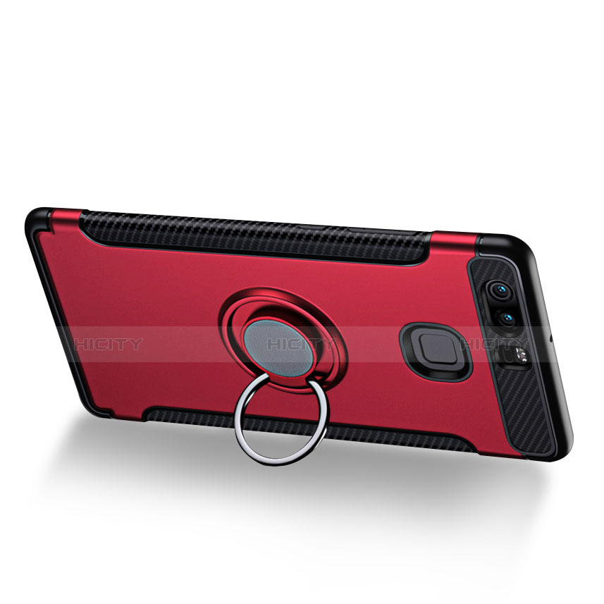 Funda Bumper Silicona y Plastico Mate con Anillo de dedo Soporte para Huawei P9 Plus Rojo