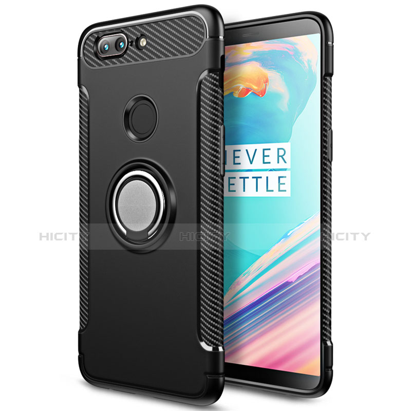 Funda Bumper Silicona y Plastico Mate con Anillo de dedo Soporte para OnePlus 5T A5010 Negro