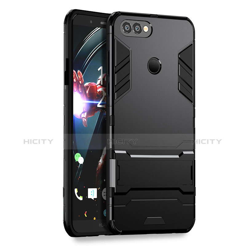 Funda Bumper Silicona y Plastico Mate con Soporte para Huawei Enjoy 7S Negro