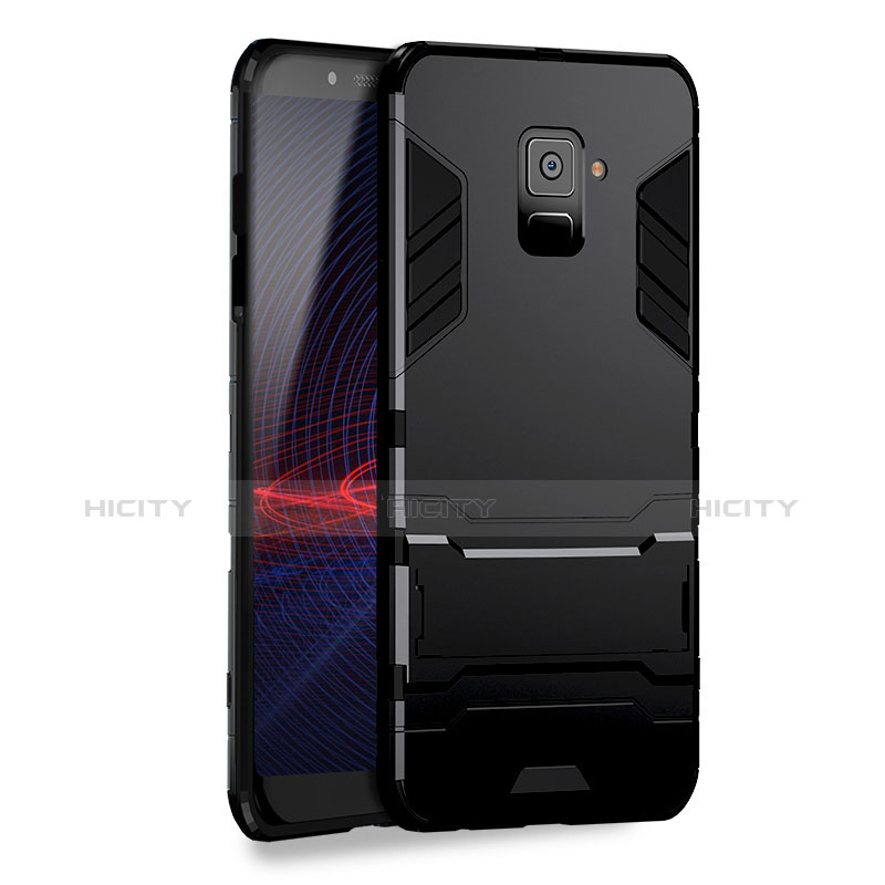 Funda Bumper Silicona y Plastico Mate con Soporte para Samsung Galaxy A8 (2018) Duos A530F Negro