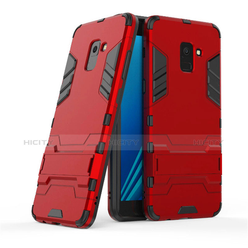 Funda Bumper Silicona y Plastico Mate con Soporte para Samsung Galaxy A8+ A8 Plus (2018) A730F Rojo