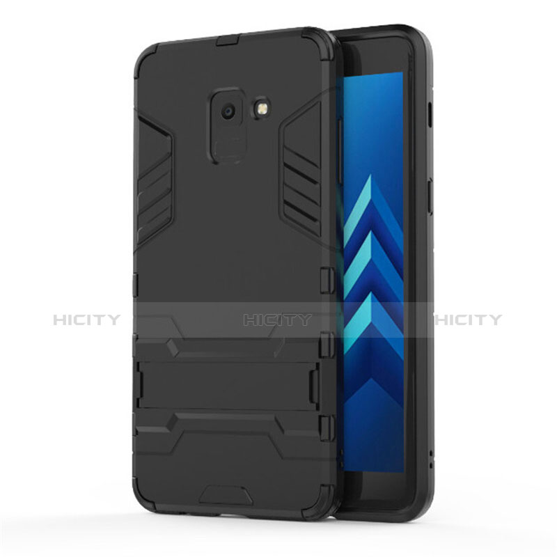 Funda Bumper Silicona y Plastico Mate con Soporte para Samsung Galaxy A8+ A8 Plus (2018) Duos A730F Negro