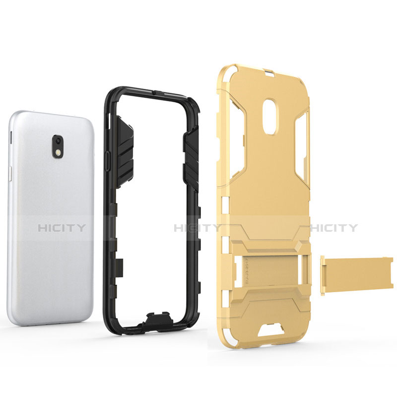 Funda Bumper Silicona y Plastico Mate con Soporte para Samsung Galaxy J3 (2017) J330F DS Oro