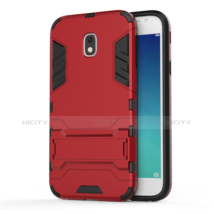 Funda Bumper Silicona y Plastico Mate con Soporte para Samsung Galaxy J3 (2017) J330F DS Rojo