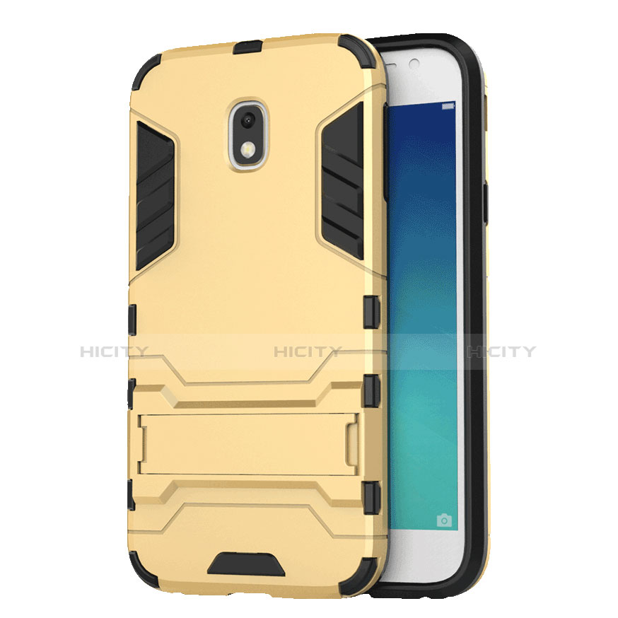 Funda Bumper Silicona y Plastico Mate con Soporte para Samsung Galaxy J3 Pro (2017) Oro