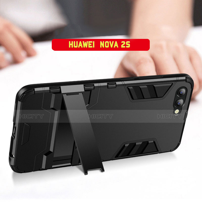 Funda Bumper Silicona y Plastico Mate con Soporte R01 para Huawei Nova 2S Negro