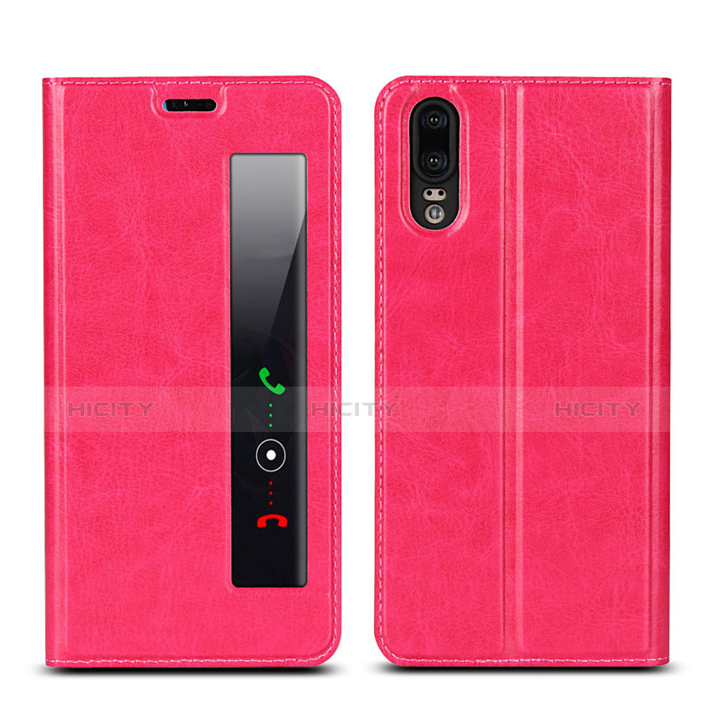 Funda de Cuero Cartera con Soporte Carcasa L02 para Huawei P20 Rosa Roja