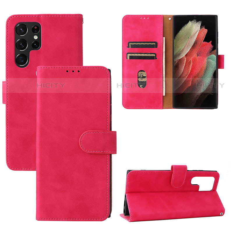 Funda de Cuero Cartera con Soporte Carcasa L04Z para Samsung Galaxy S21 Ultra 5G Rosa Roja