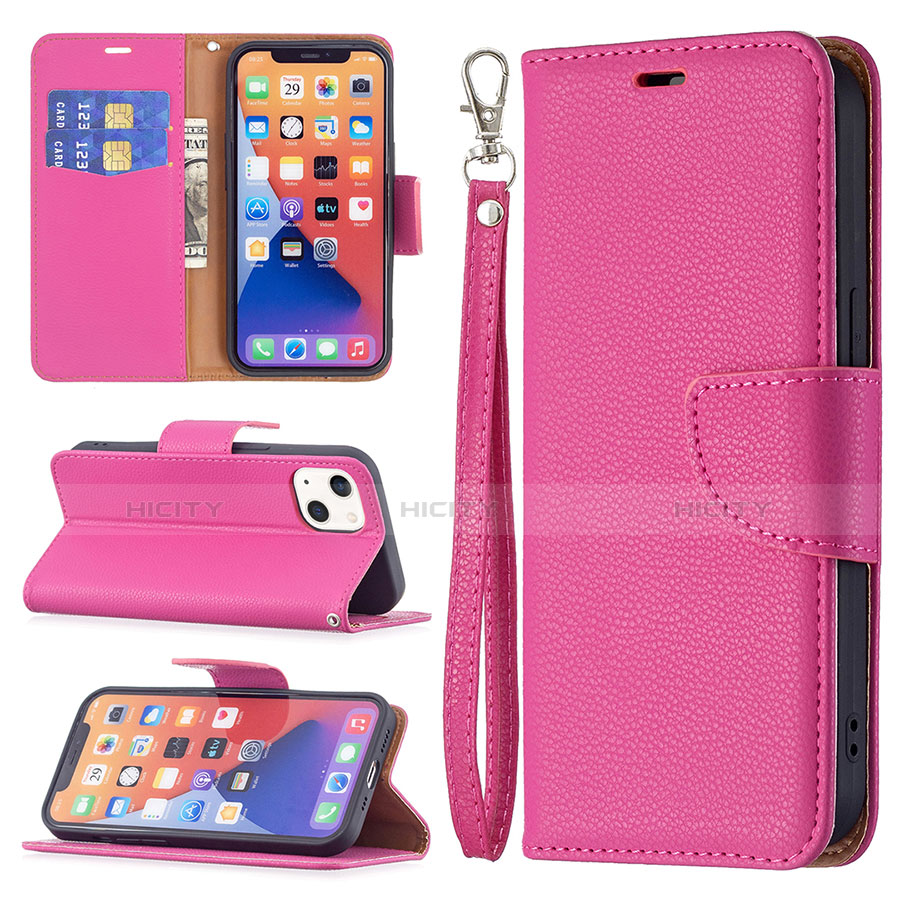 Funda de Cuero Cartera con Soporte Carcasa para Apple iPhone 14 Rosa Roja