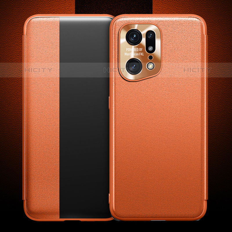 Funda de Cuero Cartera con Soporte Carcasa para Oppo Find X5 Pro 5G Naranja