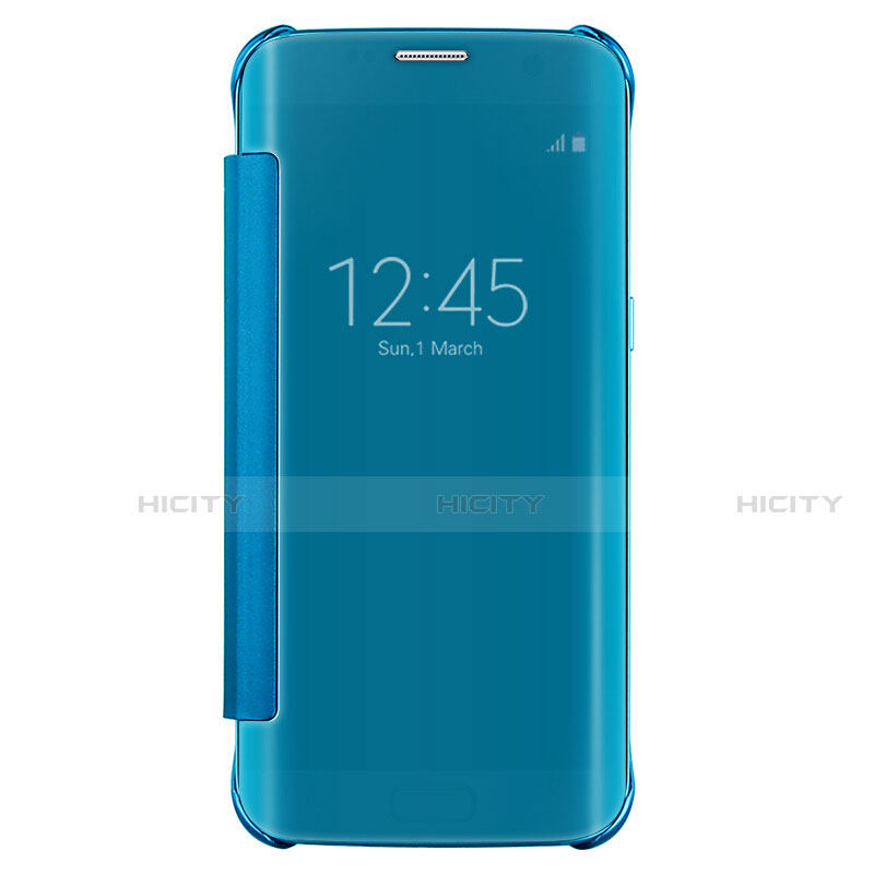 Funda de Cuero Cartera con Soporte Espejo Carcasa L02 para Samsung Galaxy S7 Edge G935F Azul Cielo