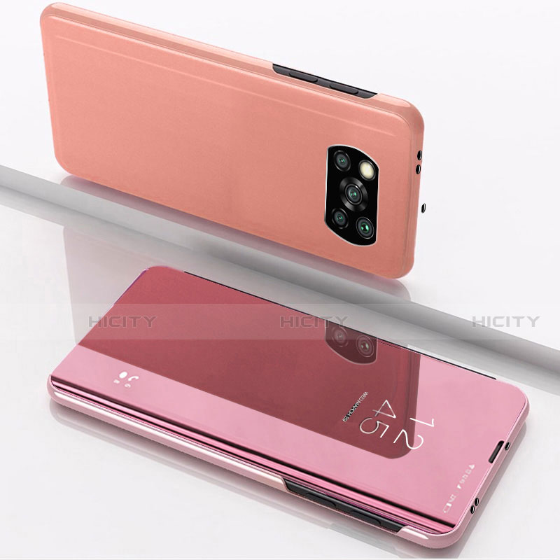 Funda de Cuero Cartera con Soporte Espejo Carcasa L03 para Xiaomi Poco X3 Pro Oro Rosa