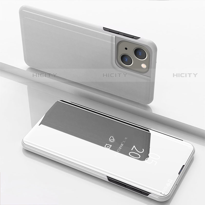 Funda de Cuero Cartera con Soporte Espejo Carcasa para Apple iPhone 13 Mini Plata