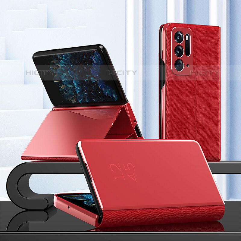 Funda de Cuero Cartera con Soporte Espejo Carcasa para Oppo Find N 5G Rojo