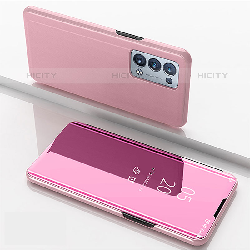 Funda de Cuero Cartera con Soporte Espejo Carcasa para Oppo Reno6 Pro 5G Oro Rosa