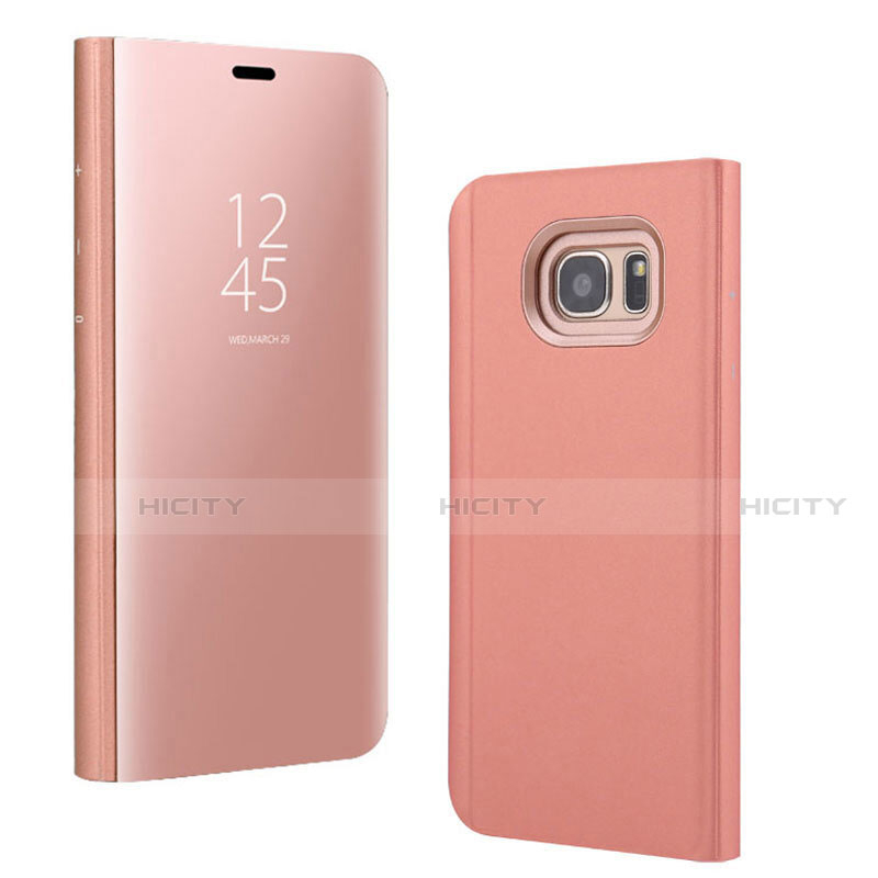 Funda de Cuero Cartera con Soporte Espejo Carcasa para Samsung Galaxy S7 Edge G935F Oro Rosa