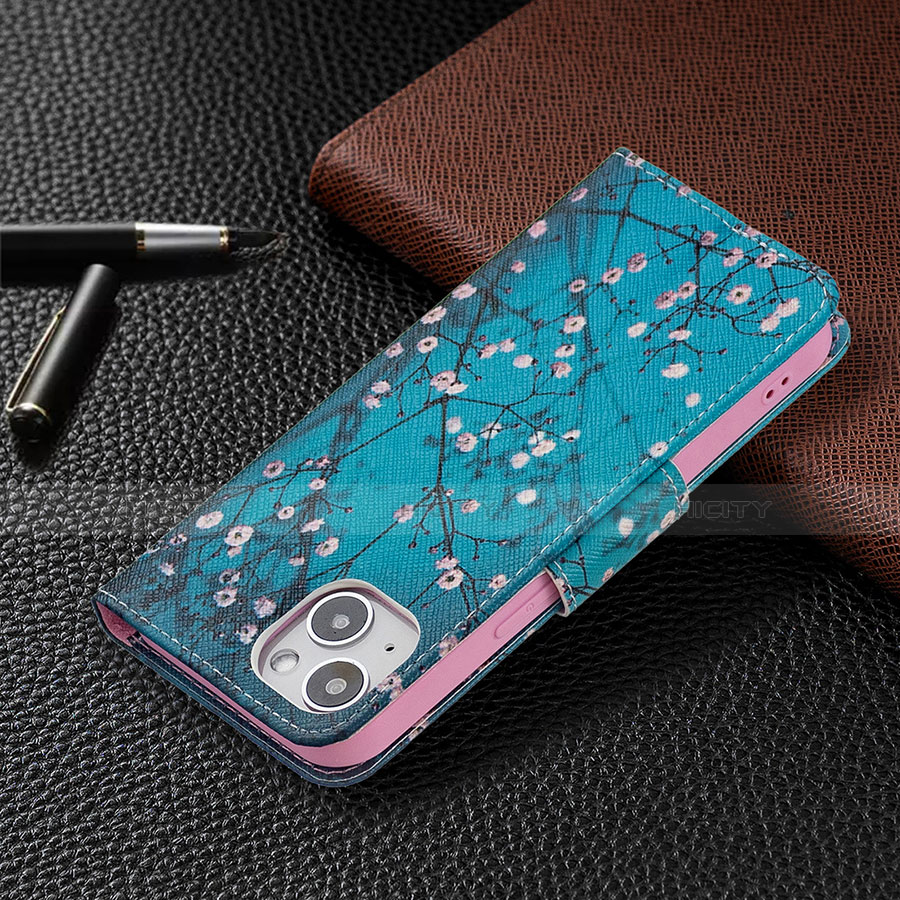 Funda de Cuero Cartera con Soporte Flores Carcasa L01 para Apple iPhone 14 Cian